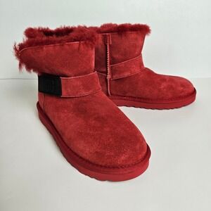 UGG Plush Red Suede Leather Lamb Fur Shearling Lined Ankle Boots Womens US 6